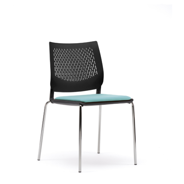 Vibe plastic café chair with black plastic and a sky blue upholstered seat pad for comfort with chrome leg frame finish