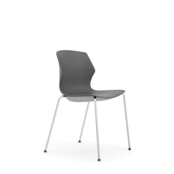 A minimal café chair that can be stackable to 6 chairs high in a grey plastic colour with 4 chrome finish legs