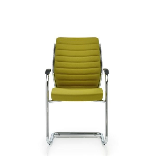 A lime green ribbed upholstered back and seat meeting chair with black arms and a chrome frame finish
