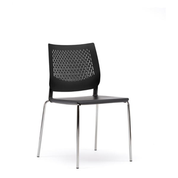 Black plastic café chair with chrome finish legs that can be stacked for versatile workspace interiors.