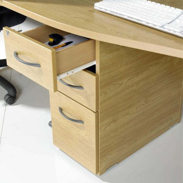 An under desk office pedestal in beech finish with 3 drawers for filing and stationary storage