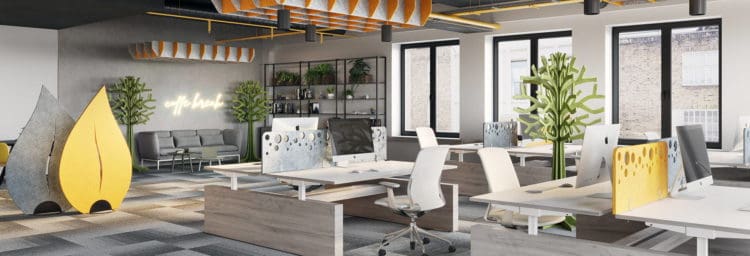 Pops of colour used in the acoustic solutions in a large grey open plan office interior design