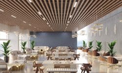 Acoustic wood veneer ceiling design over a sophisticated restaurant for a sleek hospitality interior design