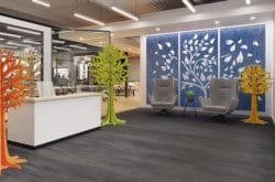 A colourful office design with several acoustic solutions including chairs, sliding screens and trees