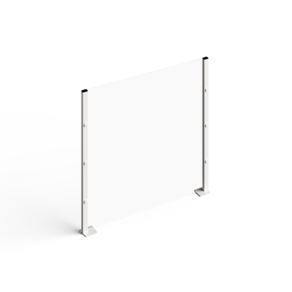 A desk mounted screen with a white aluminium frame and a Perspex screen with feet that can be secured to a surface