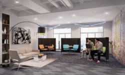 A large office breakout space with dark diffuse acoustic screens from Allsfar for two people meeting spaces