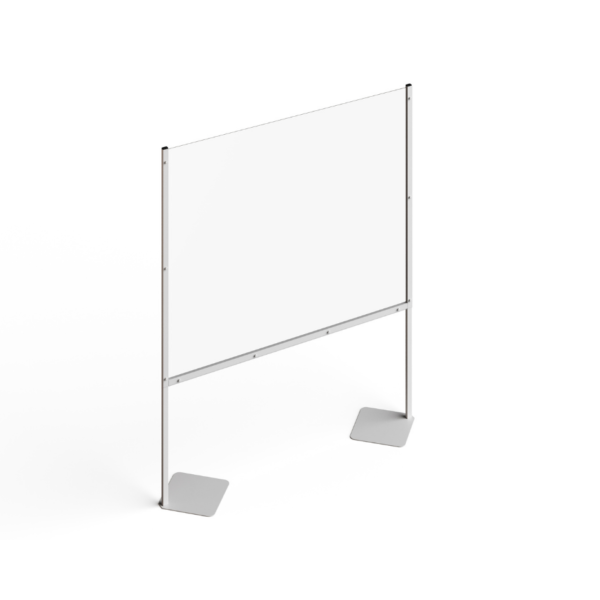 White aluminium frame protective screens with removable clear fabric panels and the option for bespoke manifestation