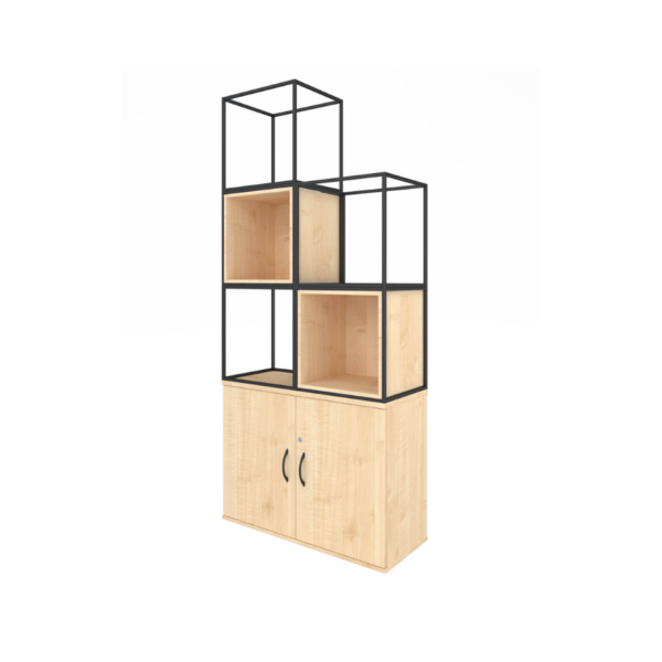 Bespoke office furniture storage unit in a wood finish and metal frame influenced by the industrial design trend