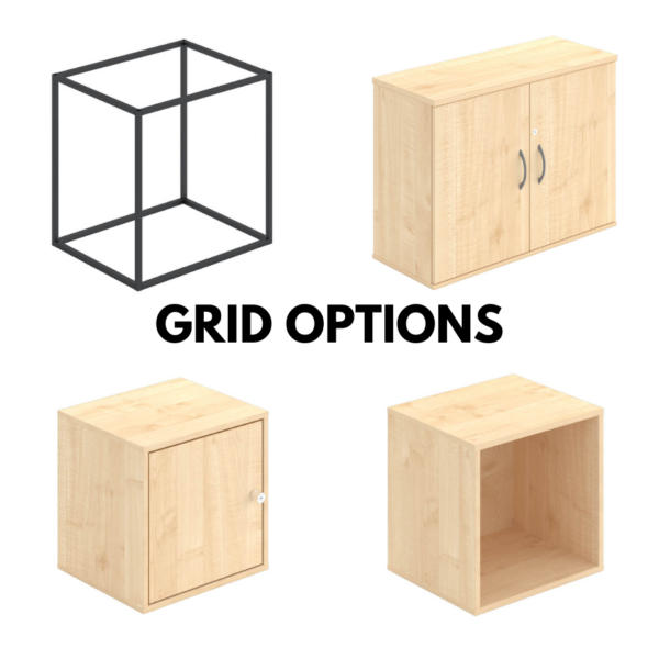 Grid office furniture options with open shelving cabinet and frame as well as cabinet or locker storage