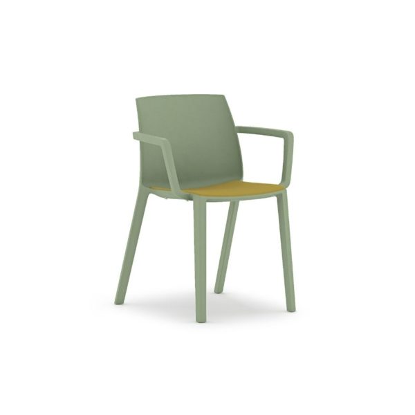 Win plastic café chair in green with arms and a yellow upholstered seat pad.