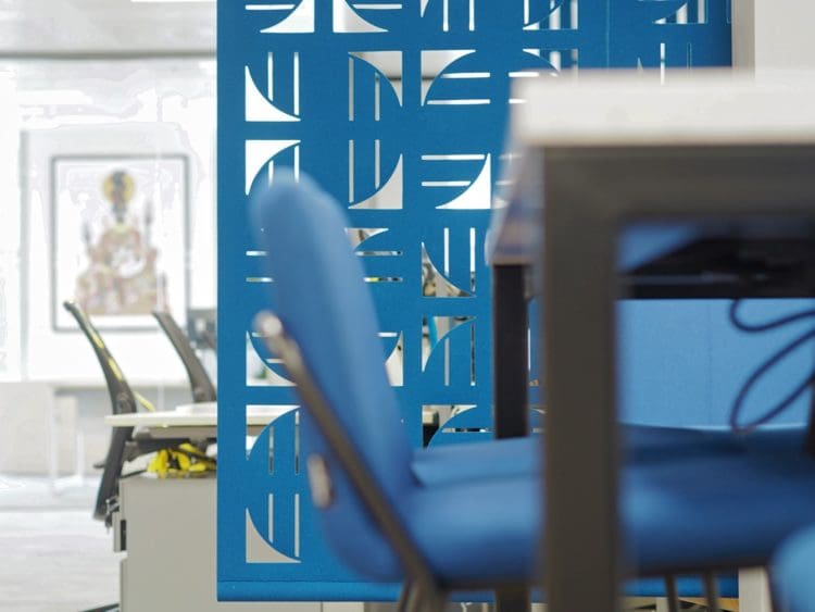 A hanging acoustic office panel installed for a London refurbishment project