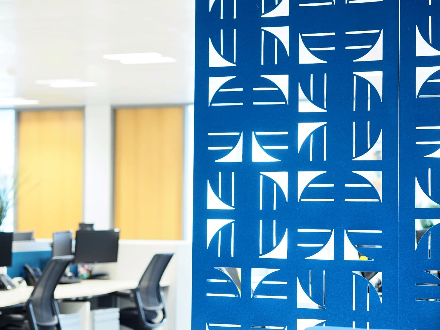 Hanging noise cancelling acoustic office panel in blue