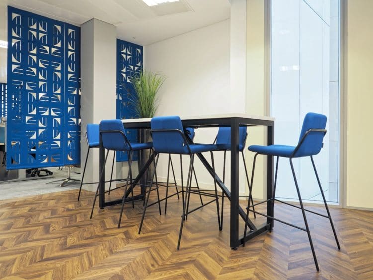 Office poseur table and hanging acoustic panels