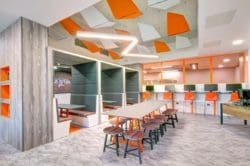 Modern college classroom interior design with booths and new tech