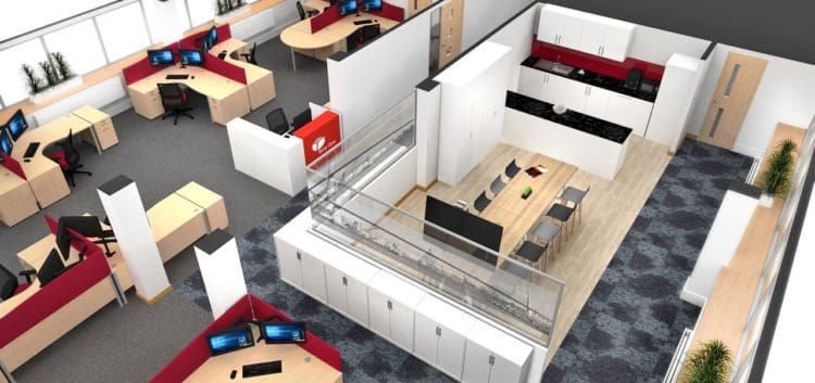 A 3D workplace visual by commercial interior design consultants Rap Interiors
