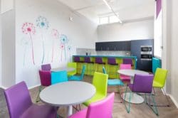School staffroom furniture: breakfast bar with stools, dining tables and soft chairs