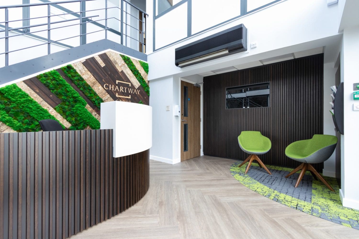 Corporate office reception area design with waiting area