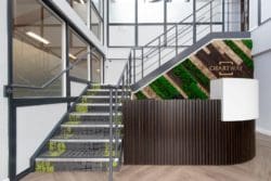 Sustainable office reception interior design with a moss wall