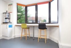 Office breakout area breakfast bar overlooking Brighton city centre