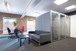 Work zone for private phone calls with six acoustic Zoom booths