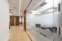 Glass partition and strip lighting for a corporate office design scheme