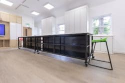 School art classroom furniture with castors and open shelving