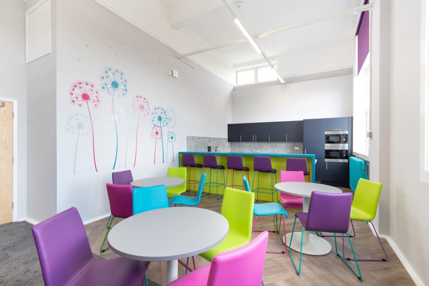 School staff room interior design with a kitchen and new furniture