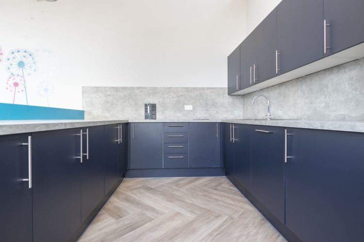 School staff room kitchen with u shape layout