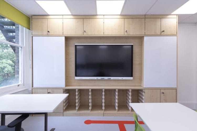 School teaching wall with whiteboards and a presentation screen