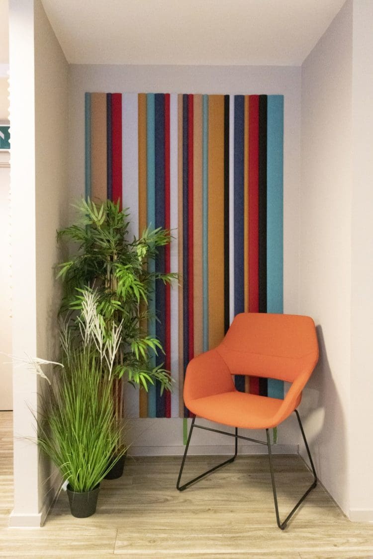 Multicoloured acoustic office feature wall