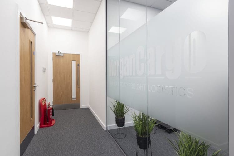 Office glass partition with frosted manifestation at Morgan Cargo in Ashford
