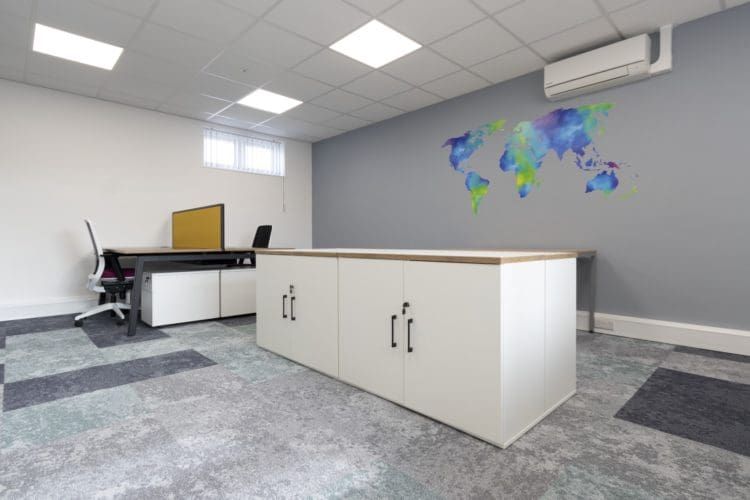 Office interior design with new storage and a wall mural