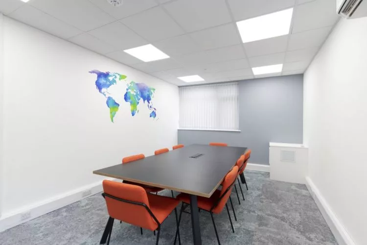 Office meeting room interior design with company wall mural