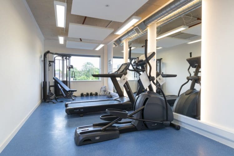 School gym interior design with LED lights and industrial elements