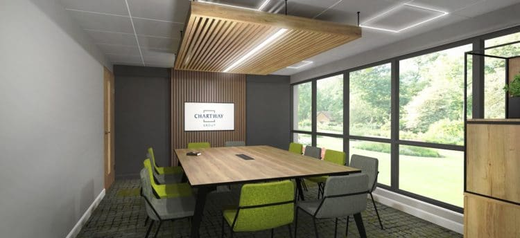 Boardroom 3D visual created by workplace design and build company Rap Interiors