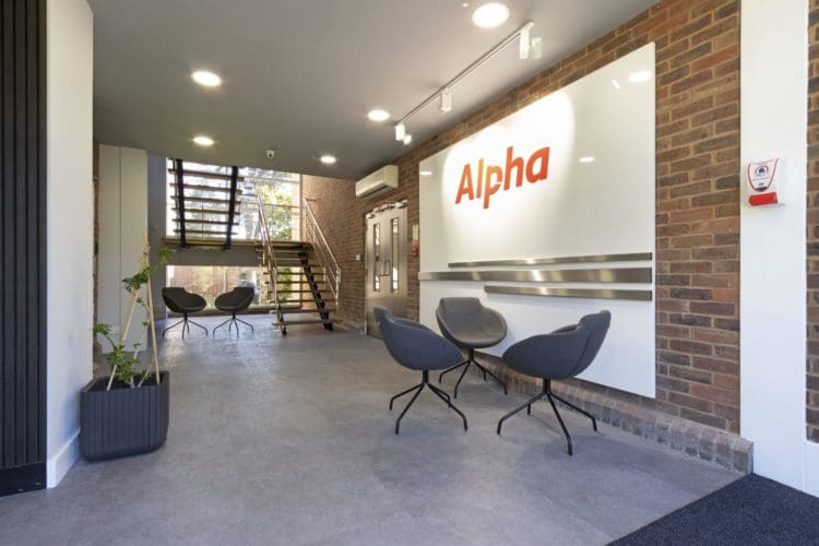 Office reception area interior design with feature wall