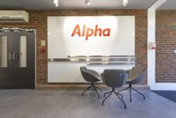 Reception lobby area feature wall at Alpha Innovation in Kent