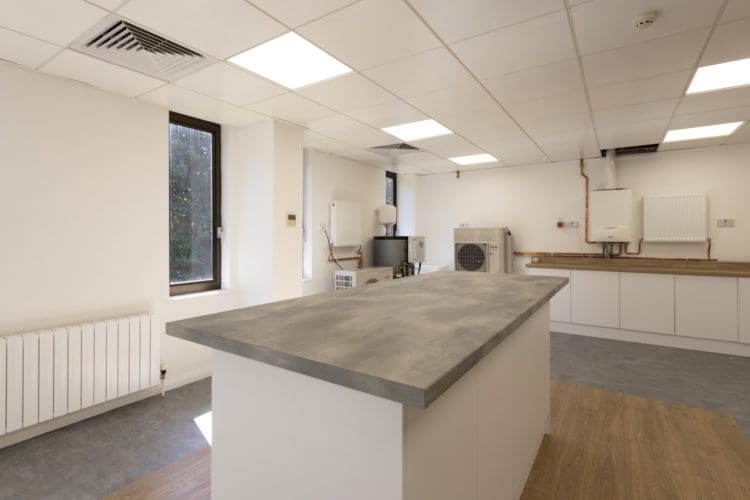 Training room island with concrete effect worktop
