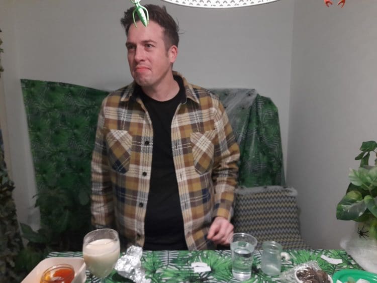 Jim Buddin realising what he has just done after eating a bushtucker treat