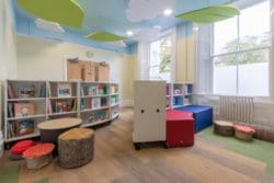 Nature inspired school library design with woodland forest furniture