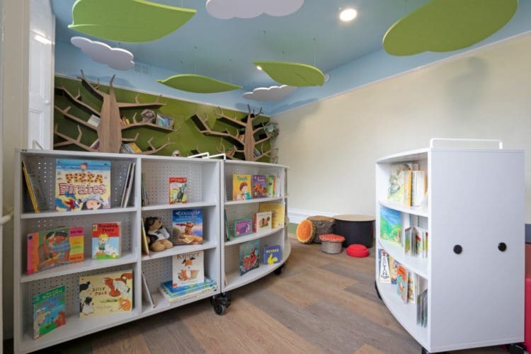 School library interior design with portable bookshelves