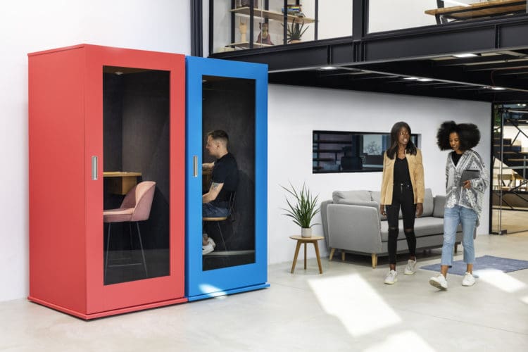 Office design trends for 2023: hybrid workplace design with Zoom booths for online meetings