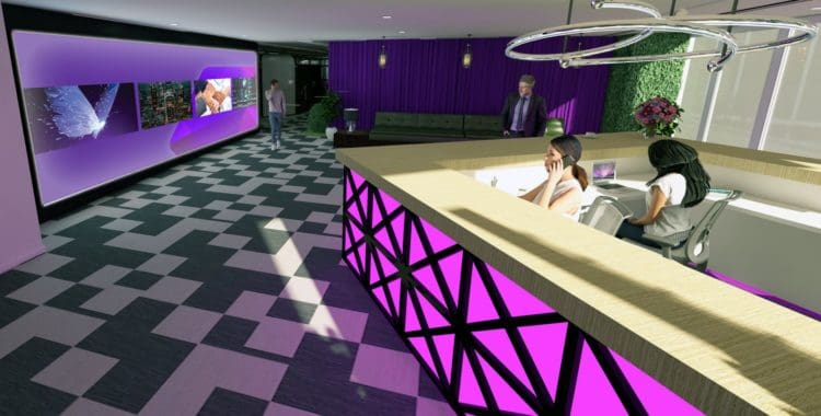 Office reception area with electronic smart wall