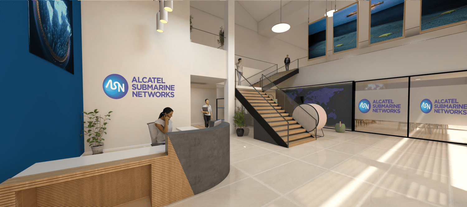 Render of reception area design at Alcatel Submarine Networks for workspace interior design project.