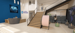 Render of reception area design and refurbishment at Alcatel Submarine Networks.