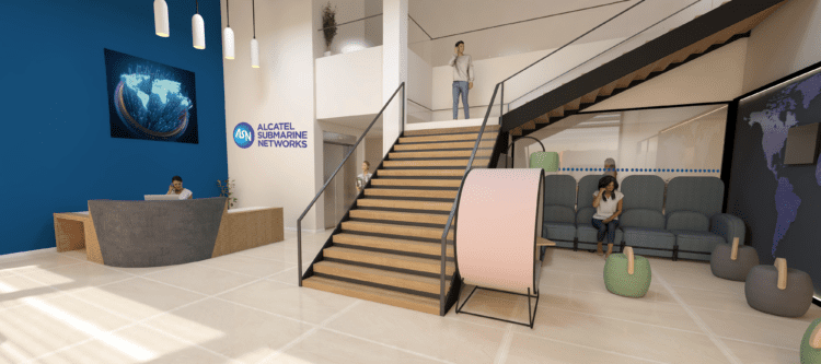 Render of reception area design and refurbishment at Alcatel Submarine Networks.