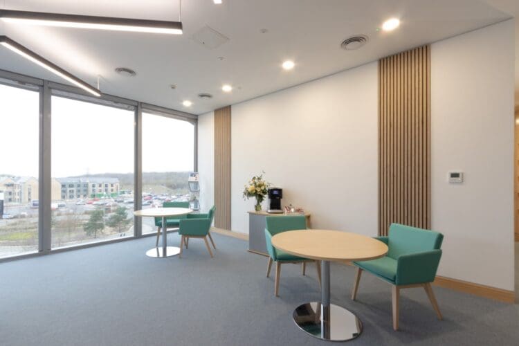 Acupanel in interior design scheme for reception area refurbishment at offices in Maidstone, Kent.