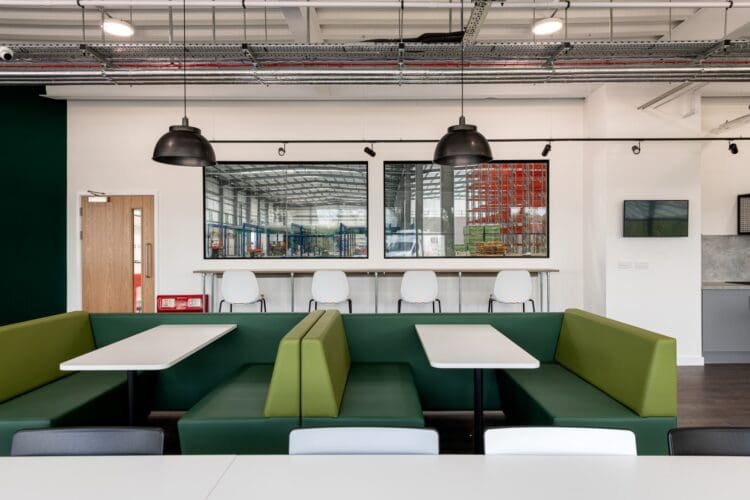 Booth seating and a poseur bar in staff dining area for Albion Fine Foods.