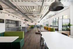 Large open plan staff dining space part of a workplace design and fit out project in Kent.
