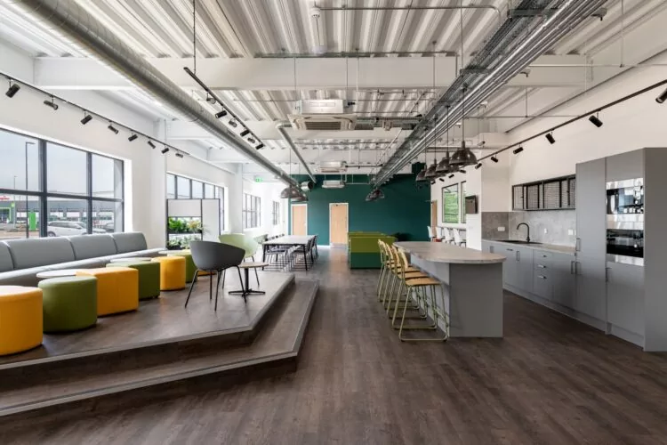 Open plan dining space and tea point in an industrial warehouse fit out project in Dartford, Kent.